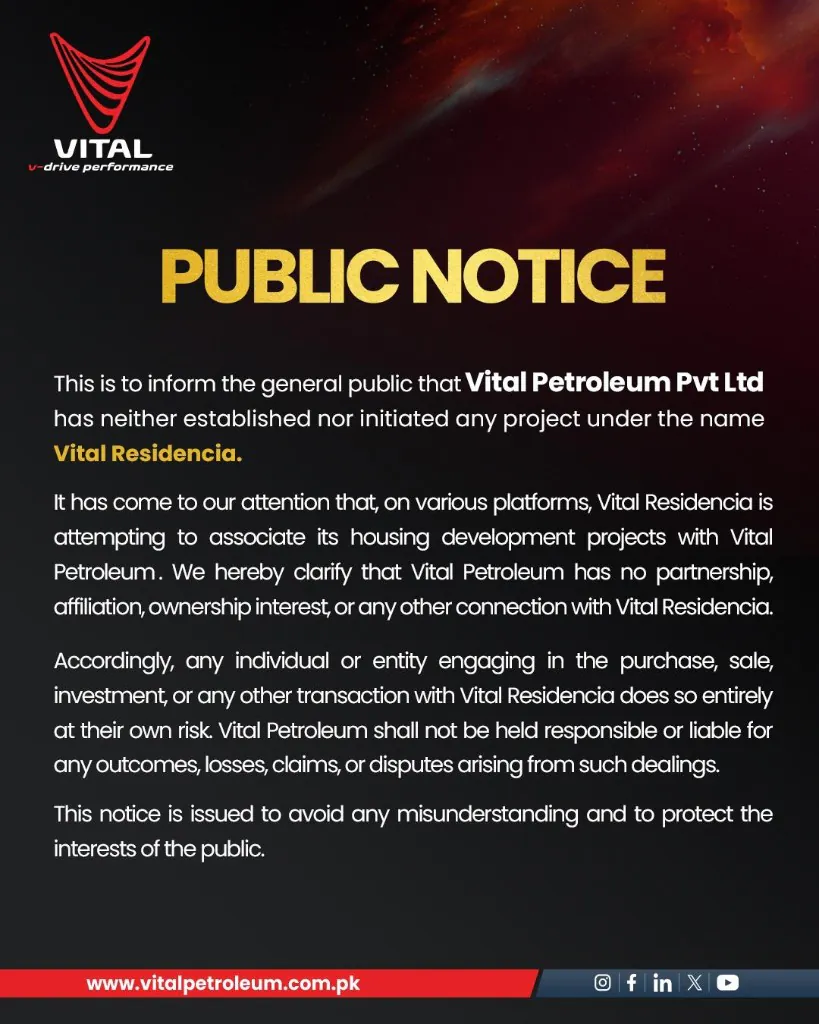 Vital Petroleum public notice: no affiliation with Vital Residencia
